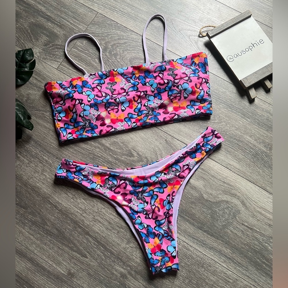 Zacil Colorful Allover Butterfly Print Spaghetti Strap Bandeau Bikini. Size L